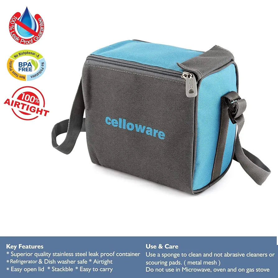 CELLO Steelox Stainless Steel Lunch Box Set of 5 with Bag , Blue | Tiffin Box with Jacket | Leakproof | Ideal for Office, School, College